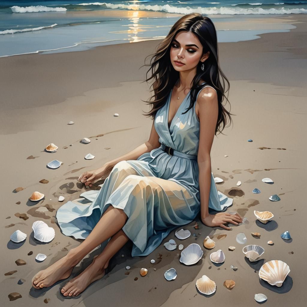 Moonlit Beach Contemplation in Dreamy Watercolor Style