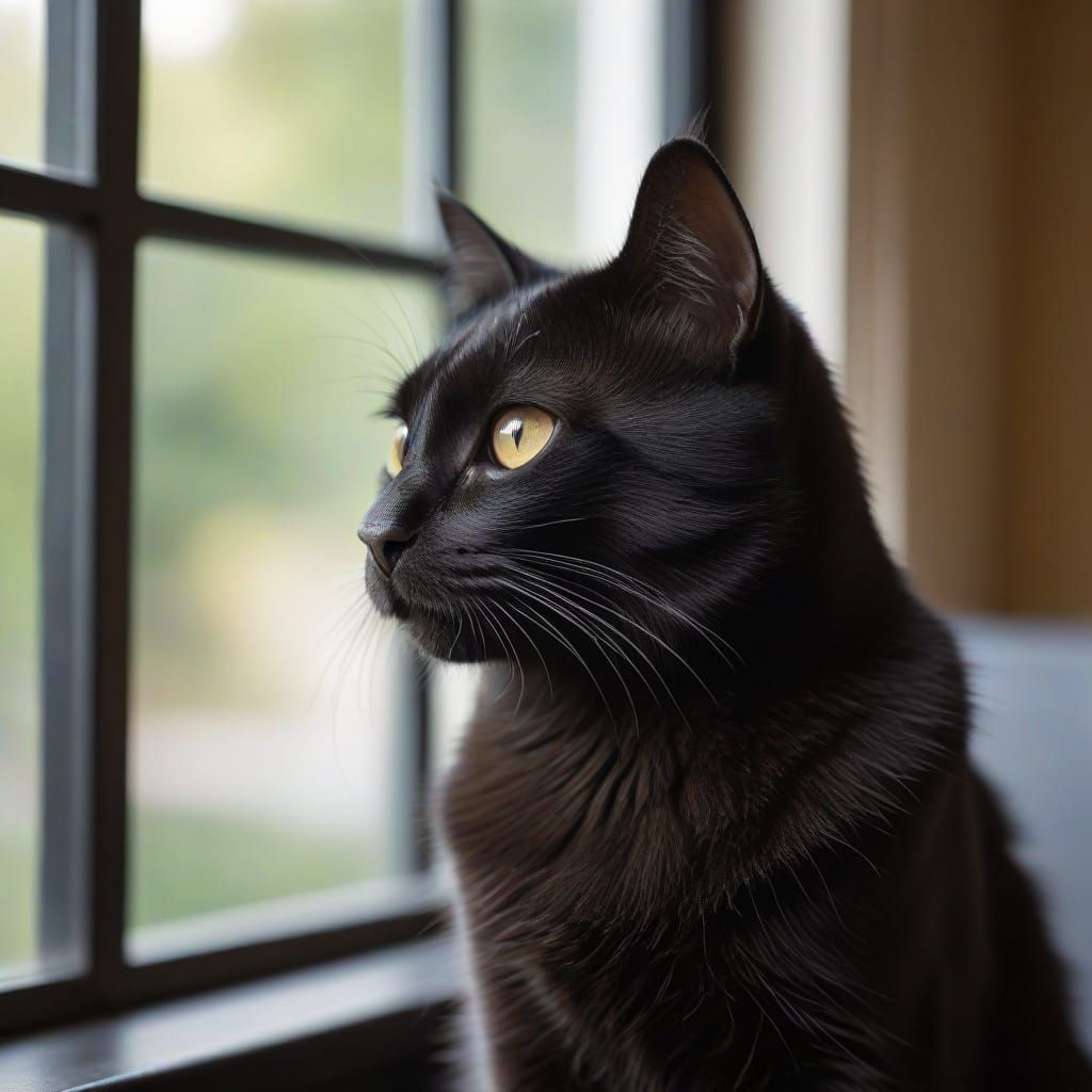 A Photorealistic Black Cat Contemplates its Surroundings