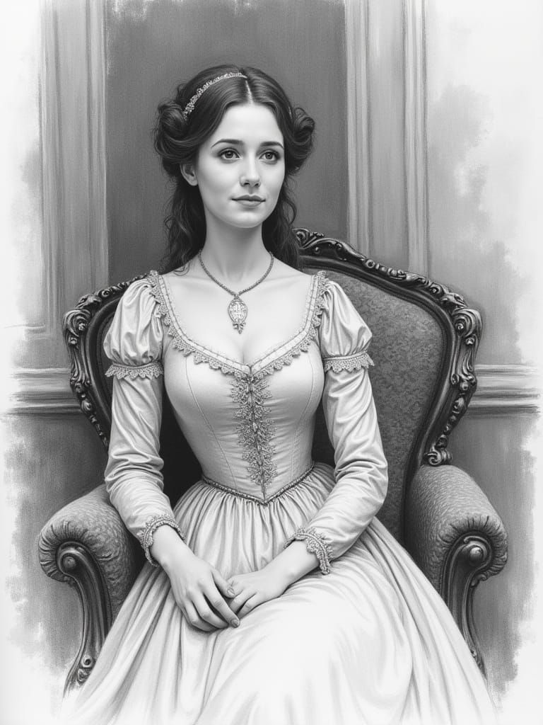 Elegant Victorian Lady in Pencil Sketch