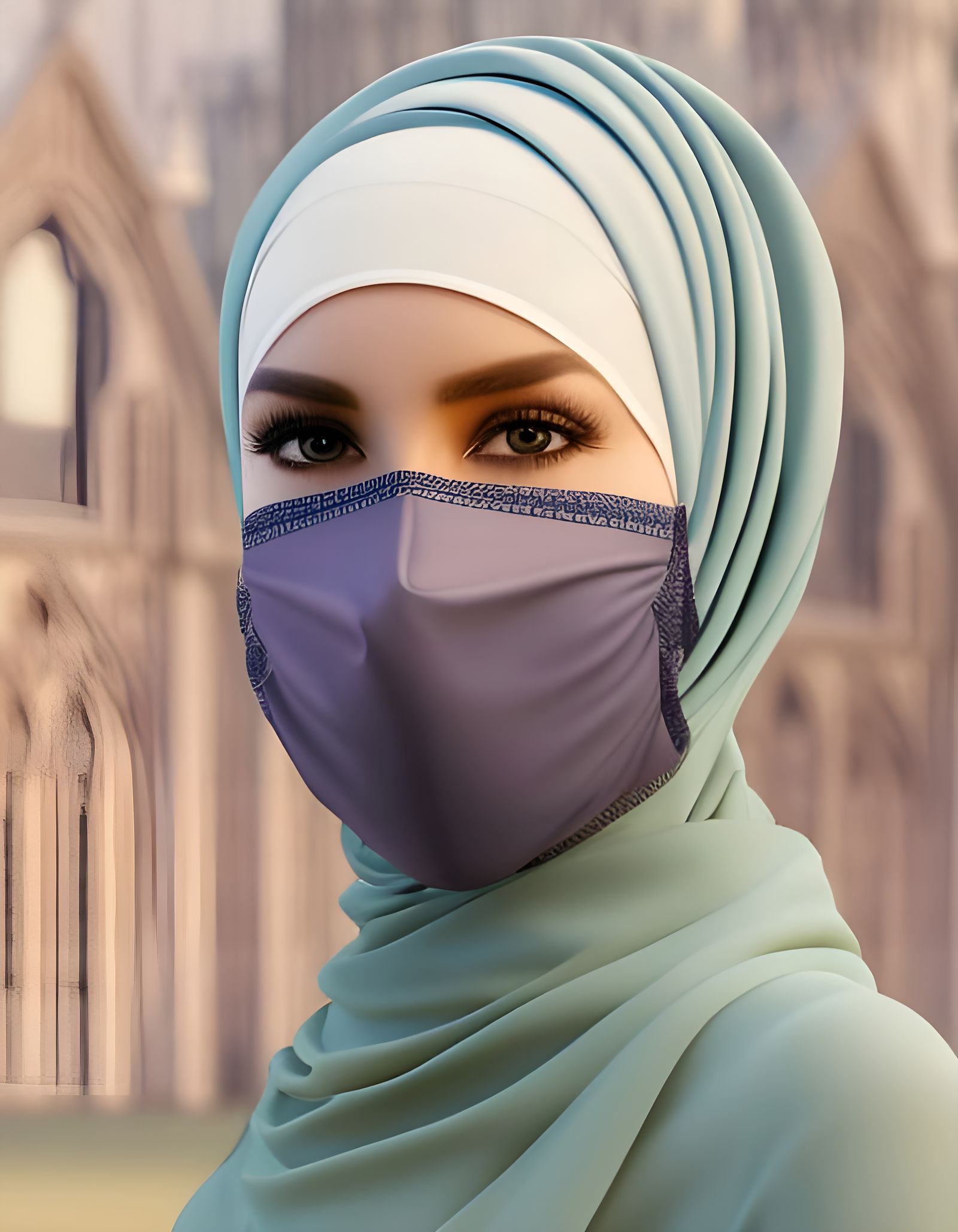 German Woman in Hijab and Facemask: Detailed Matte Painting