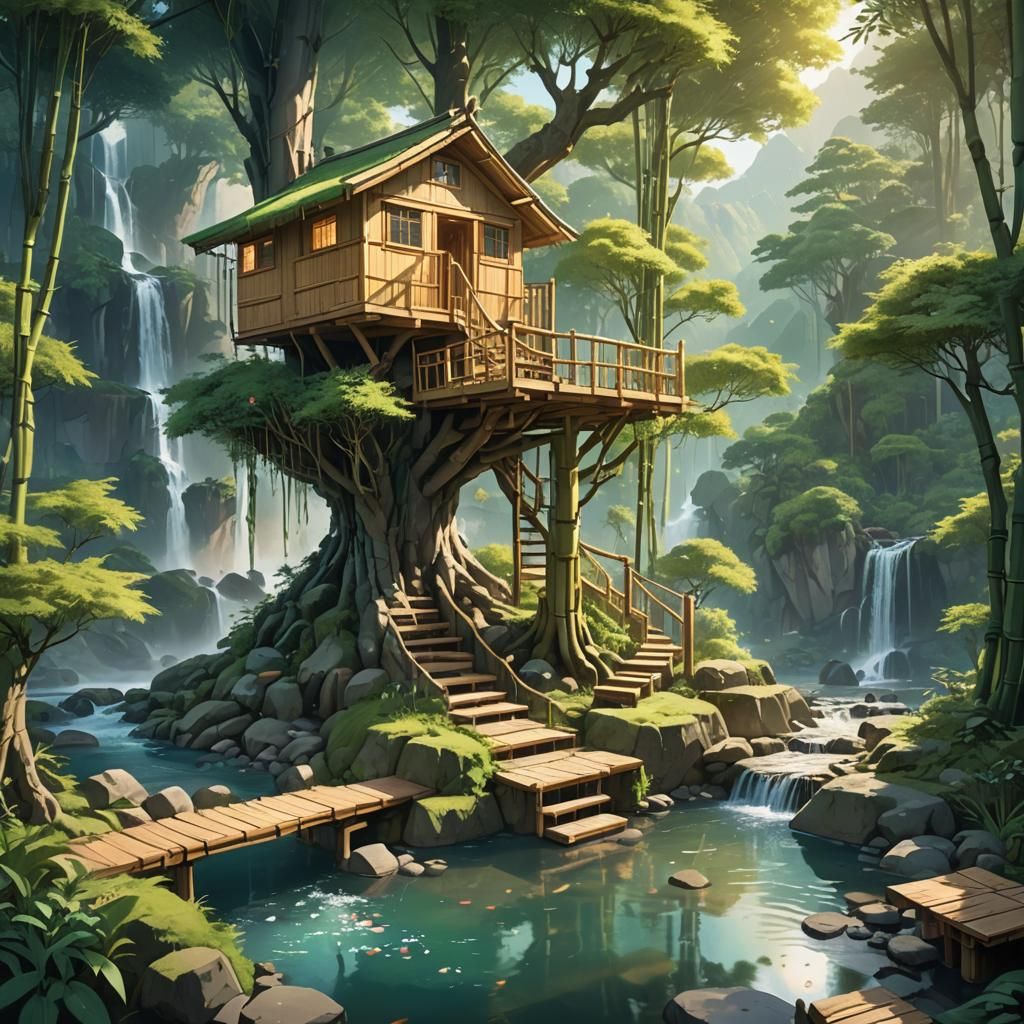 Anime Treehouse by Waterfalls in Lush Forest