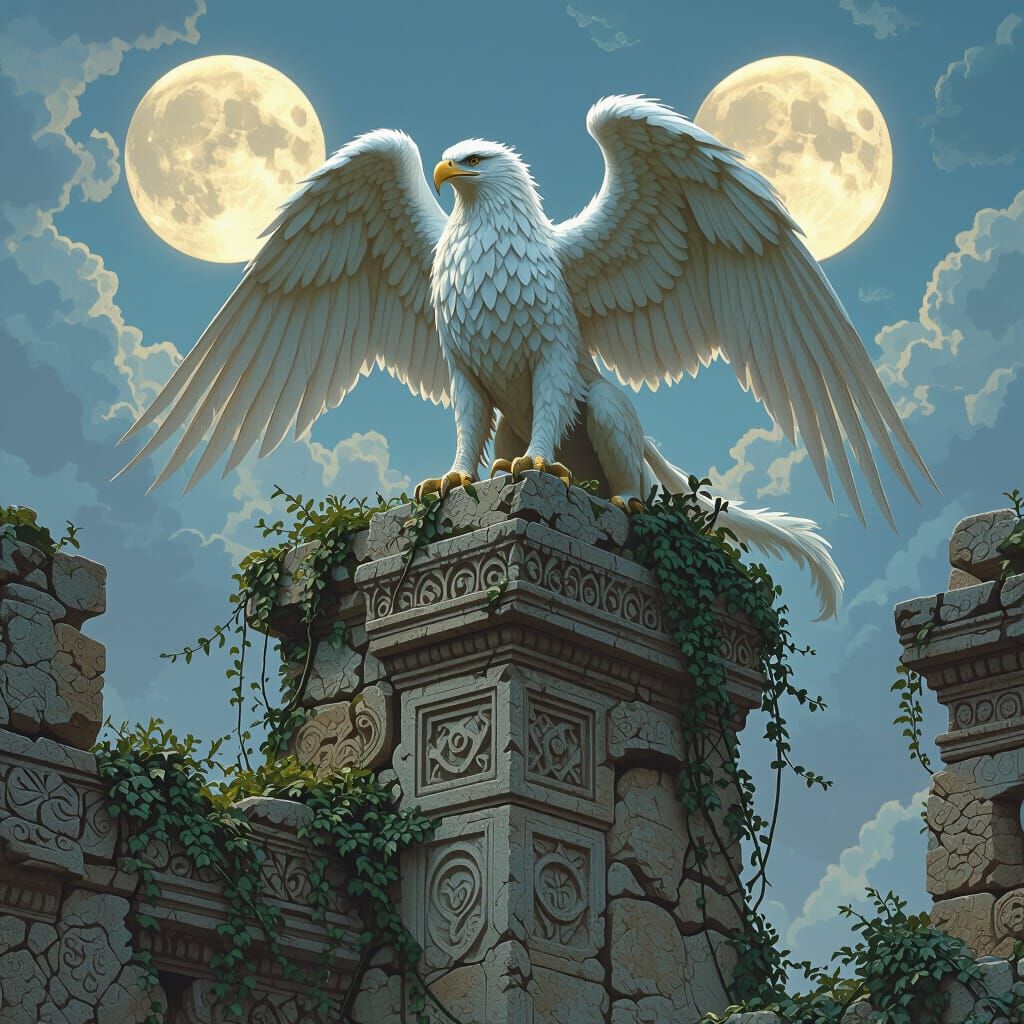 Griffin on Ancient Ruins Under Twin Moons