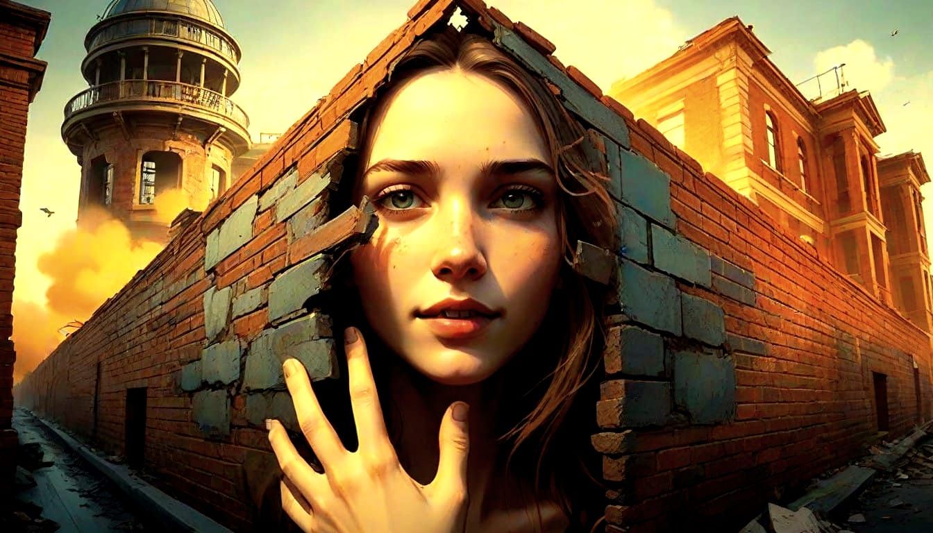 Serene Woman Emerges from Worn Brick Facade