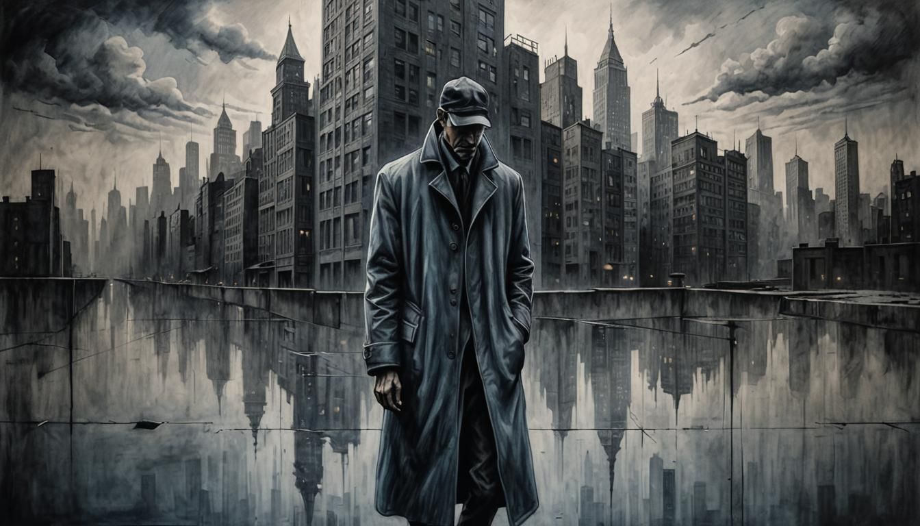 Dystopian Cityscape in Geometric Charcoal Style