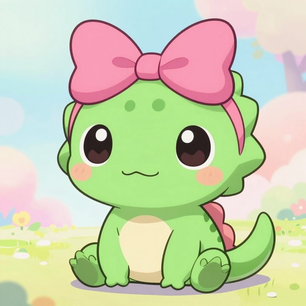Kawaii Pastel Gecko with Pink Bow in Anime Style