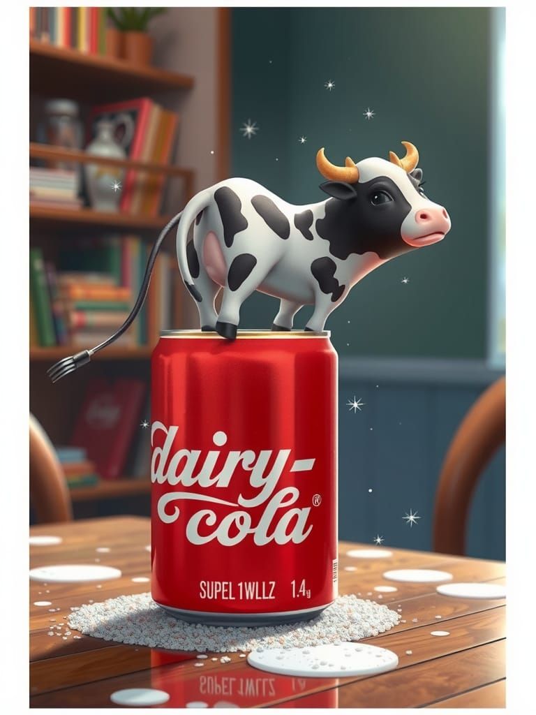 Cow on Soda Can: Maximalist Digital Illustration