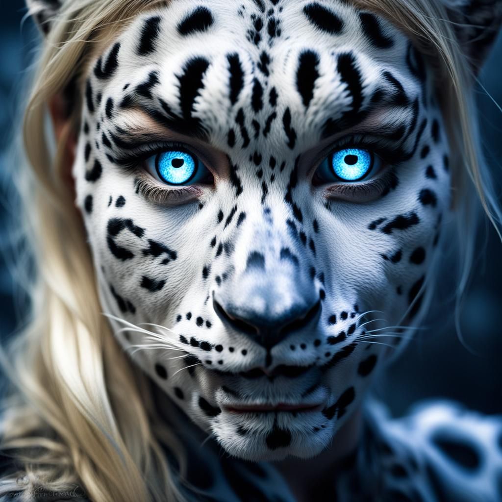 Woman with Snow Leopard Body Paint and Glowing Eyes