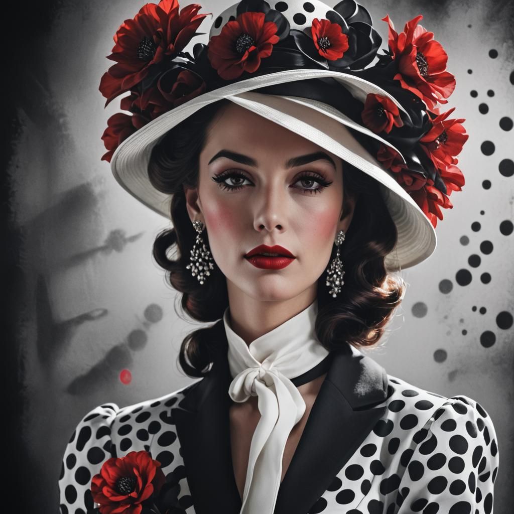 Film Noir Woman in Black Hat with Red Flowers