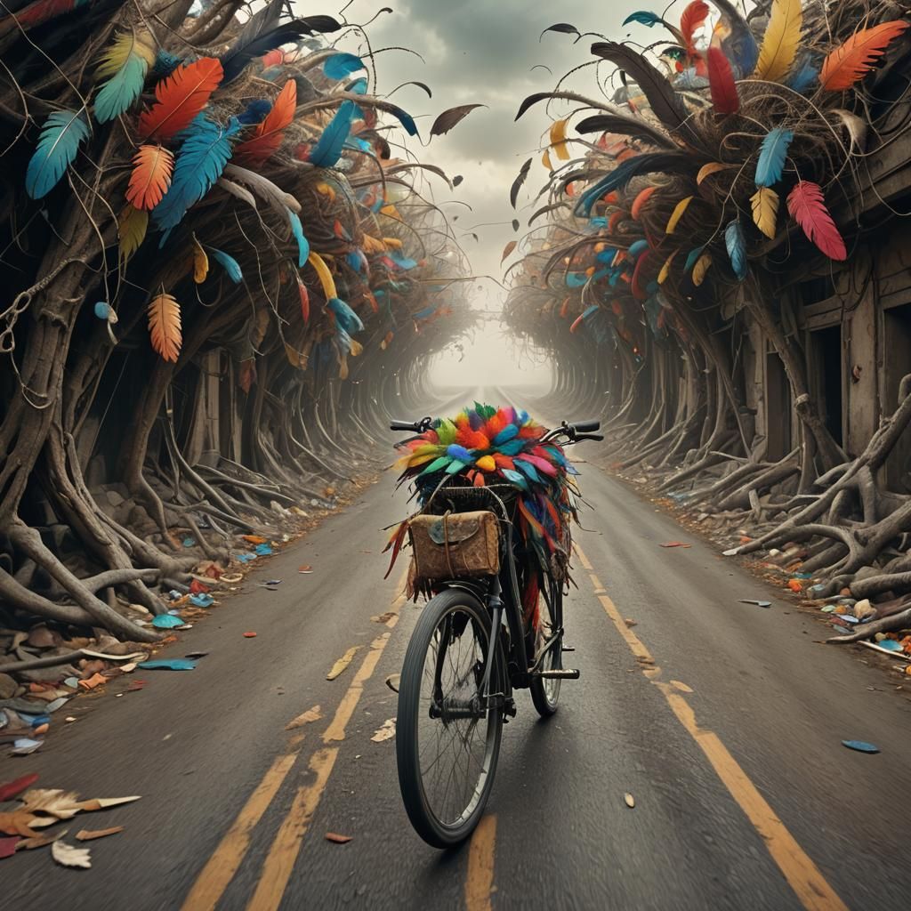 Whimsical Feathered Bicycle and Ostrich Chase