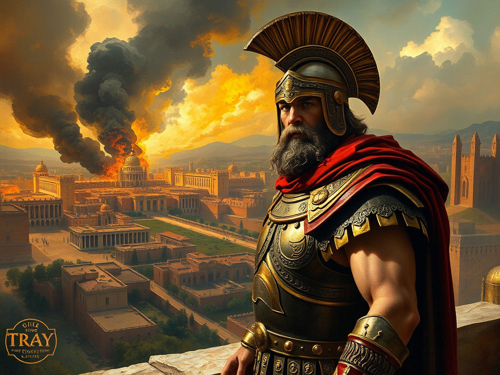 King Priam of Troy Overlooks Burning City