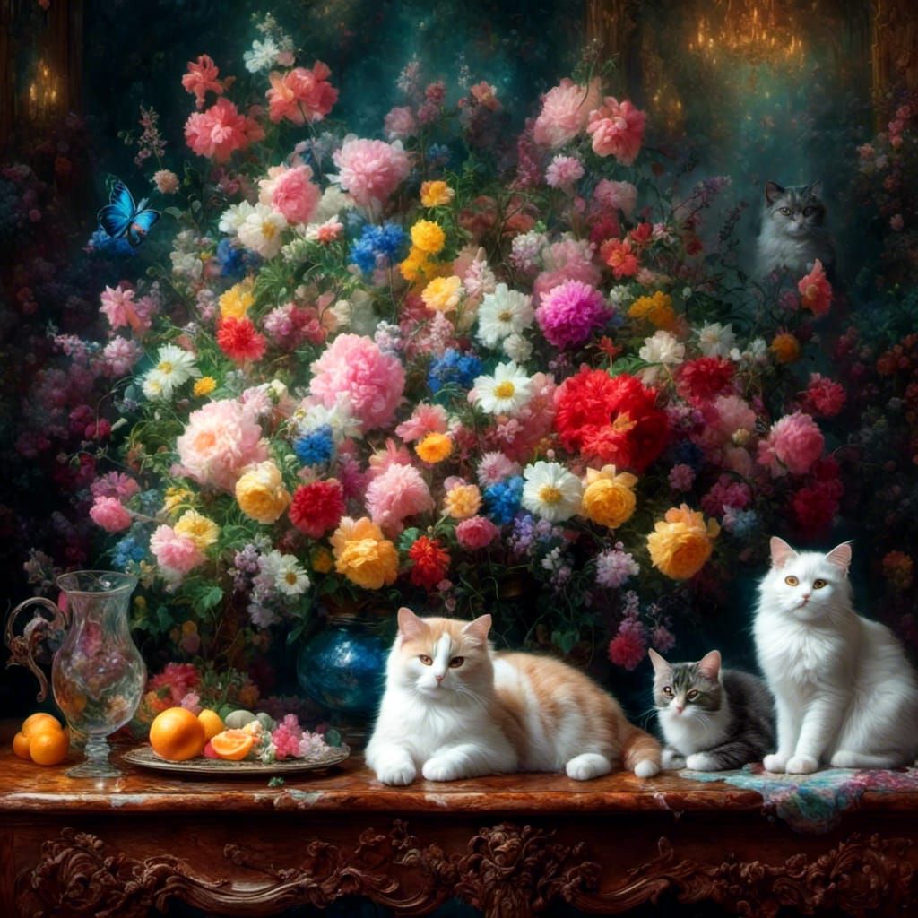Cats and Flowers on Table, Impressionist Style