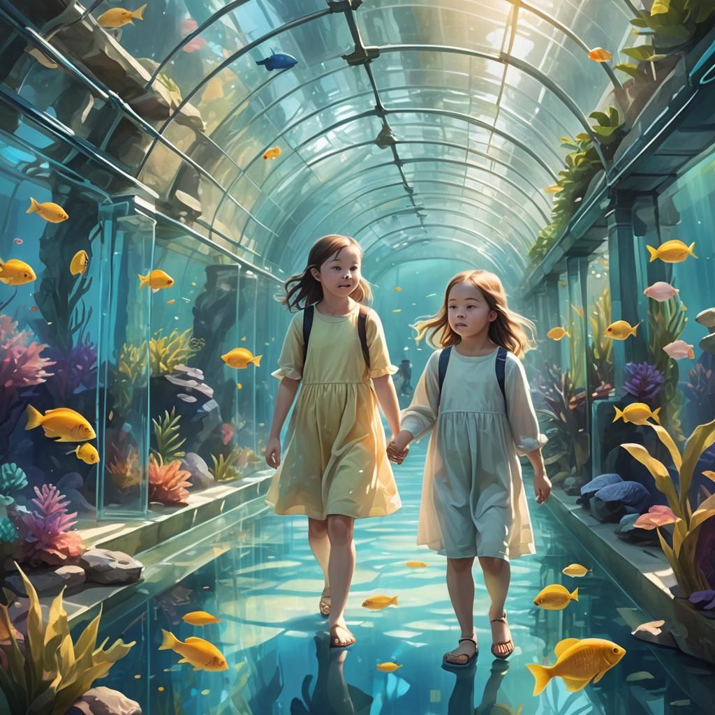 Underwater Aquarium Walk with Girl in Whimsical Style