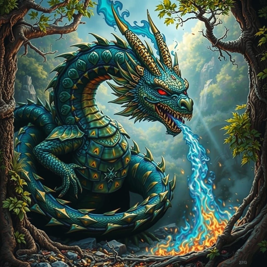 Ethereal Dragon Unleashes Blue Inferno in Mystic Forest