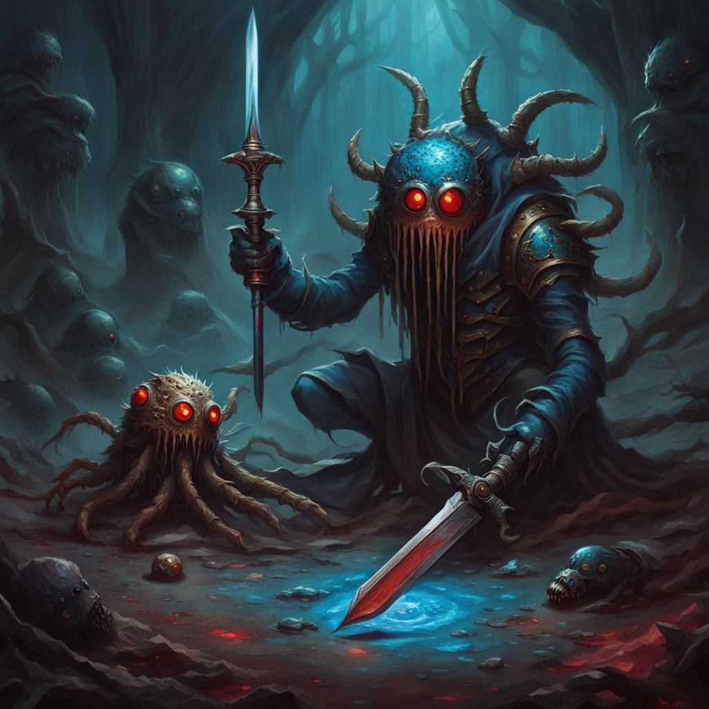 Triumphant Fighter Stands Over Slain Beholder