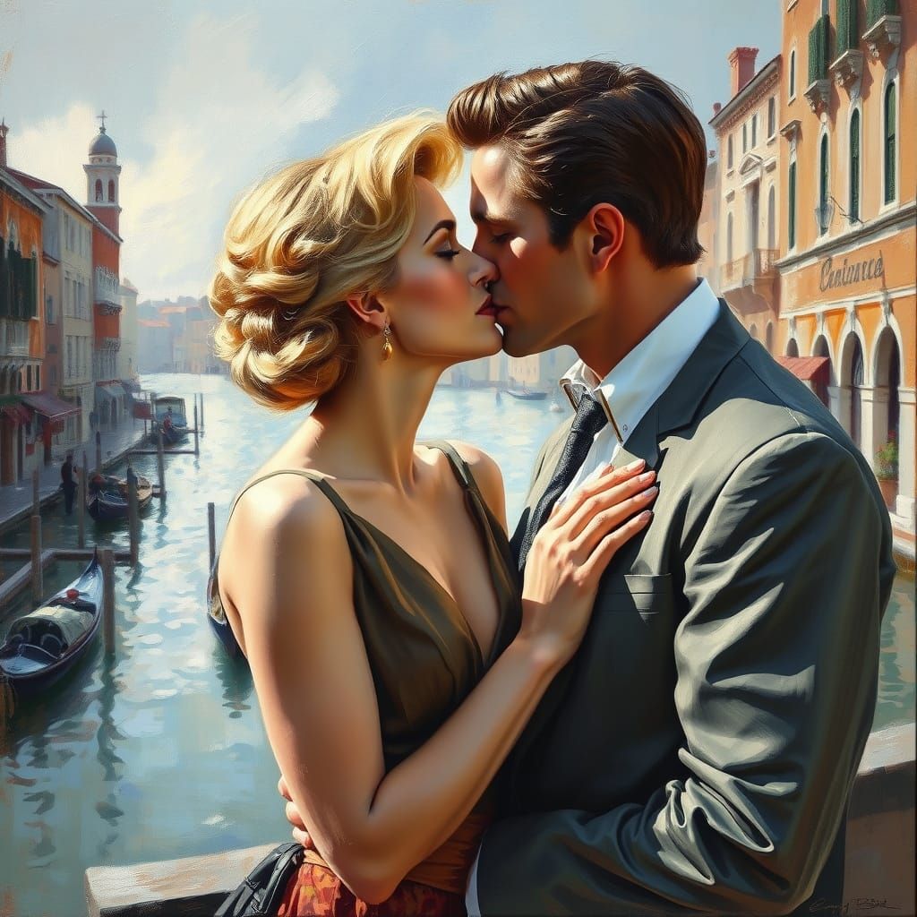 Romantic Kiss in Venice: Impressionistic Oil Painting
