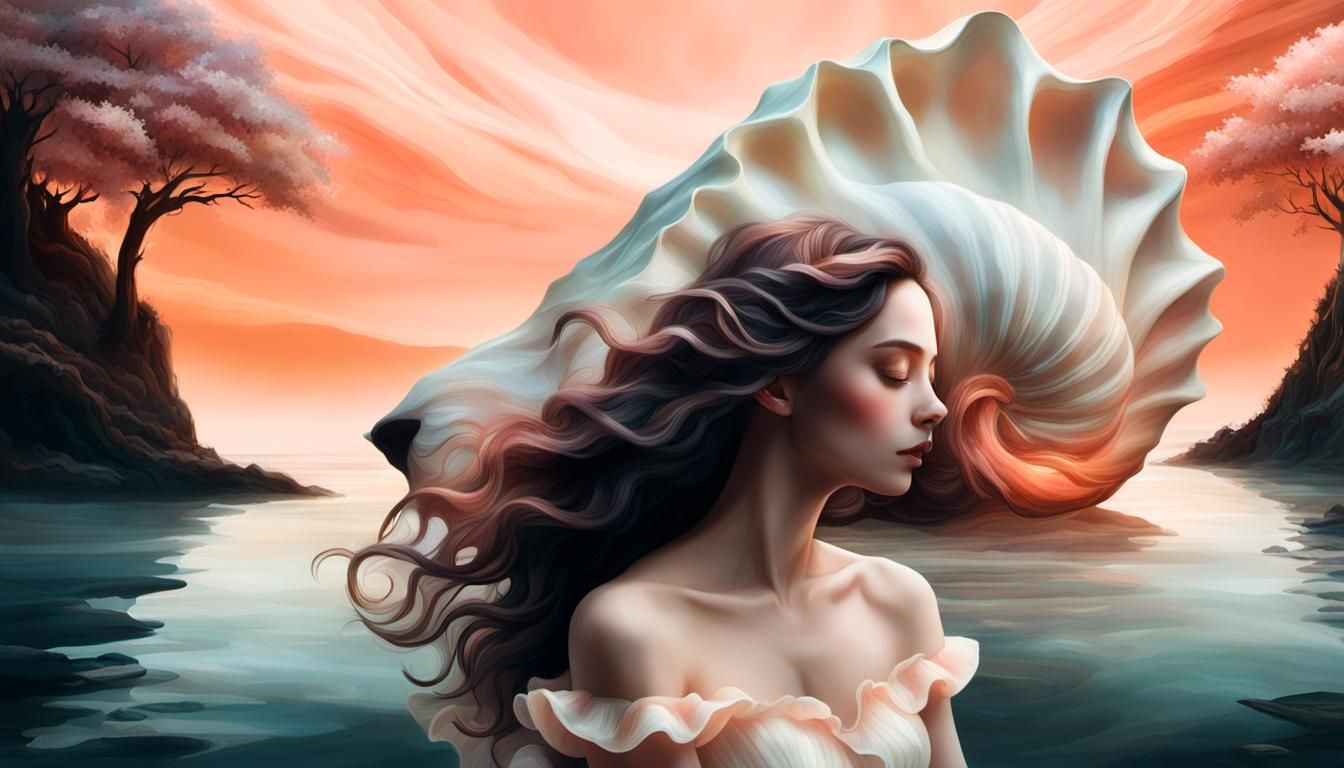 Ethereal Woman in Seashell, Dreamlike Surrealist Art