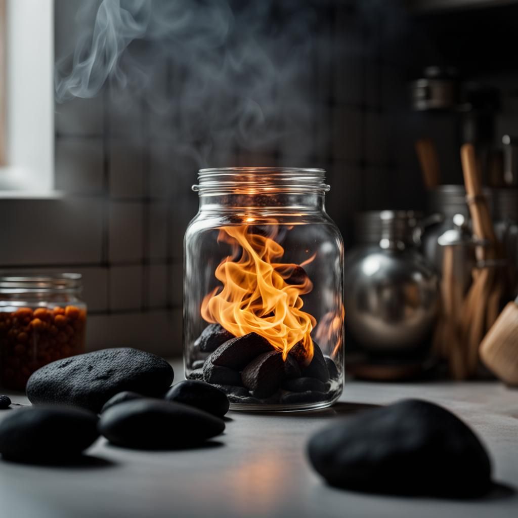 Fiery Glass Jar on Rocky Kitchen Counter