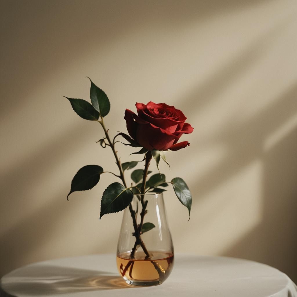 Cinematic Red Rose Still Life with Film Grain