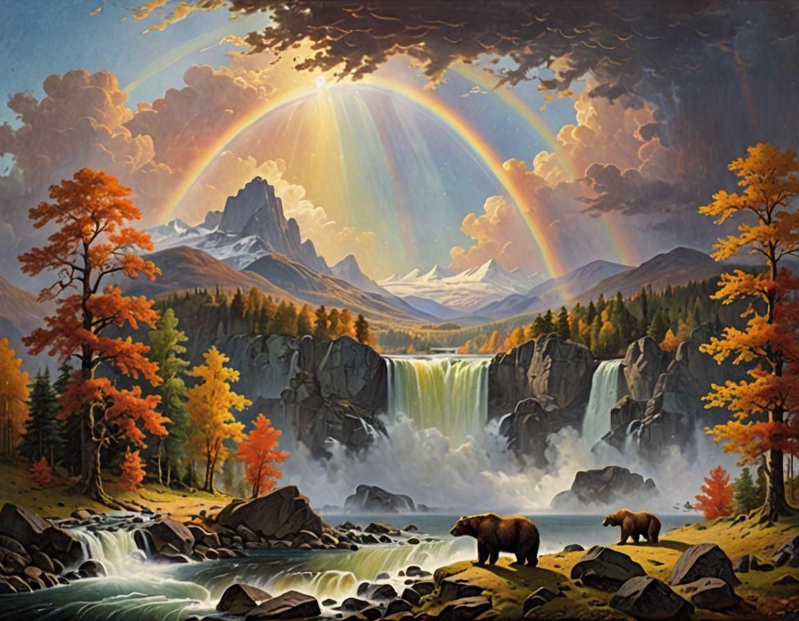 Majestic Autumn Landscape with Waterfall and Bears