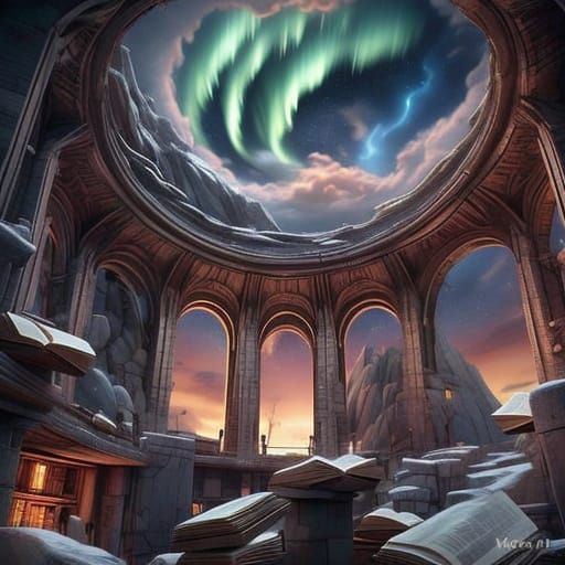 Ethereal Library Amidst Swirling Auroras