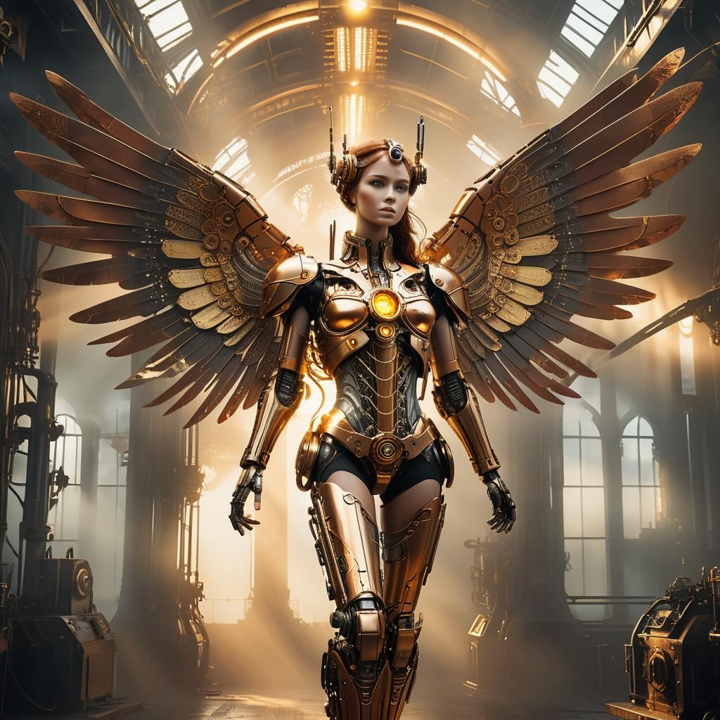Majestic Bionic Angel with Technological Wings in Steampunk ...