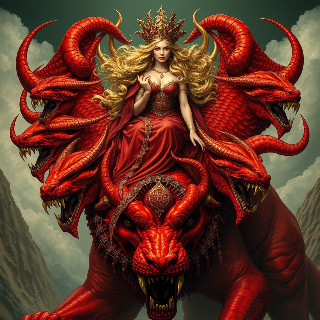 Regal Woman Rides Crimson Beast of Darkness