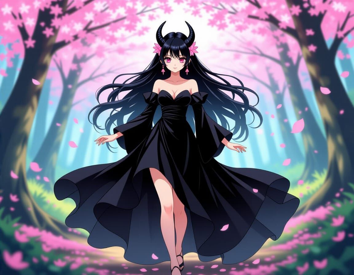 Anime Demon Girl in Mystical Cherry Blossom Forest