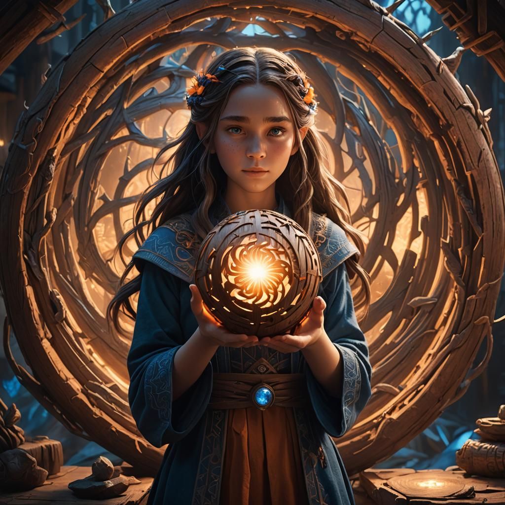 Wooden Girl with Glowing Orb in Detailed Fantasy Art