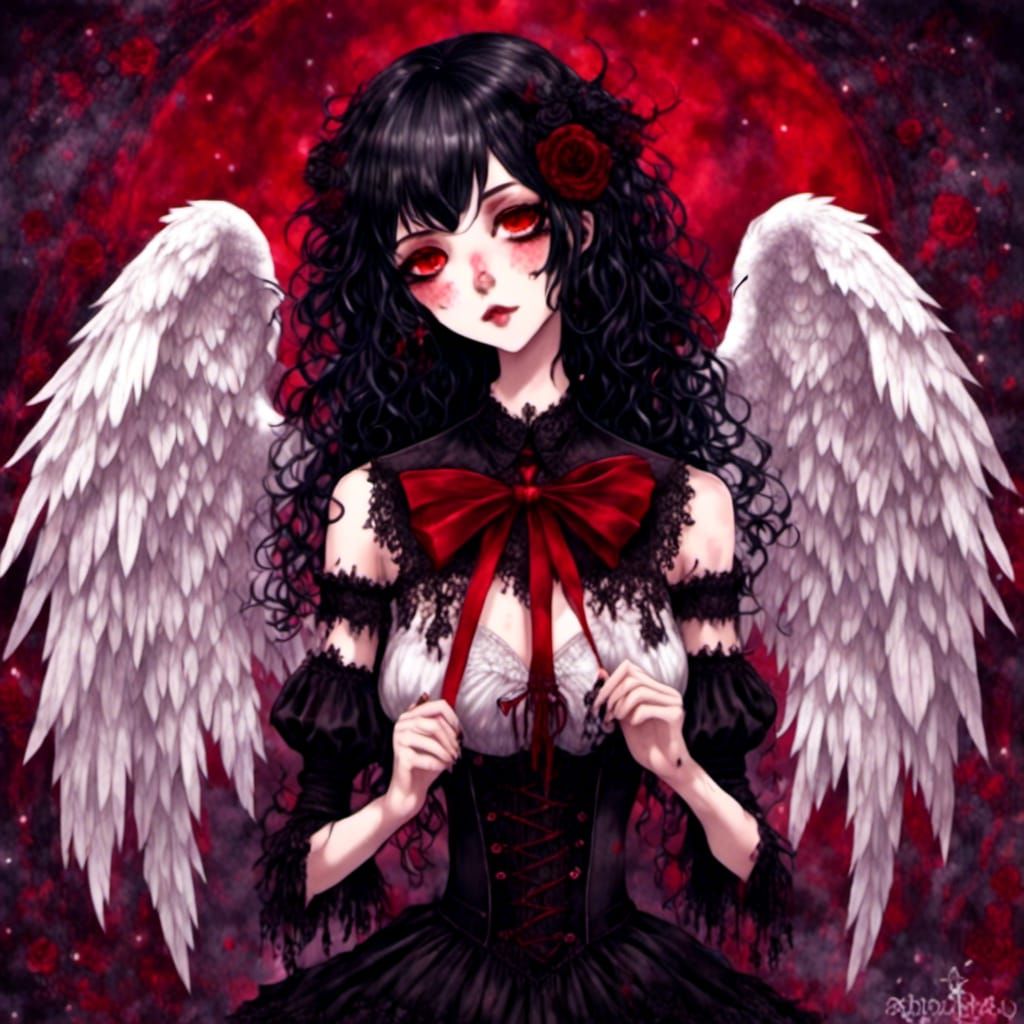 Moody Angel in Black Seifuku with Red Halo