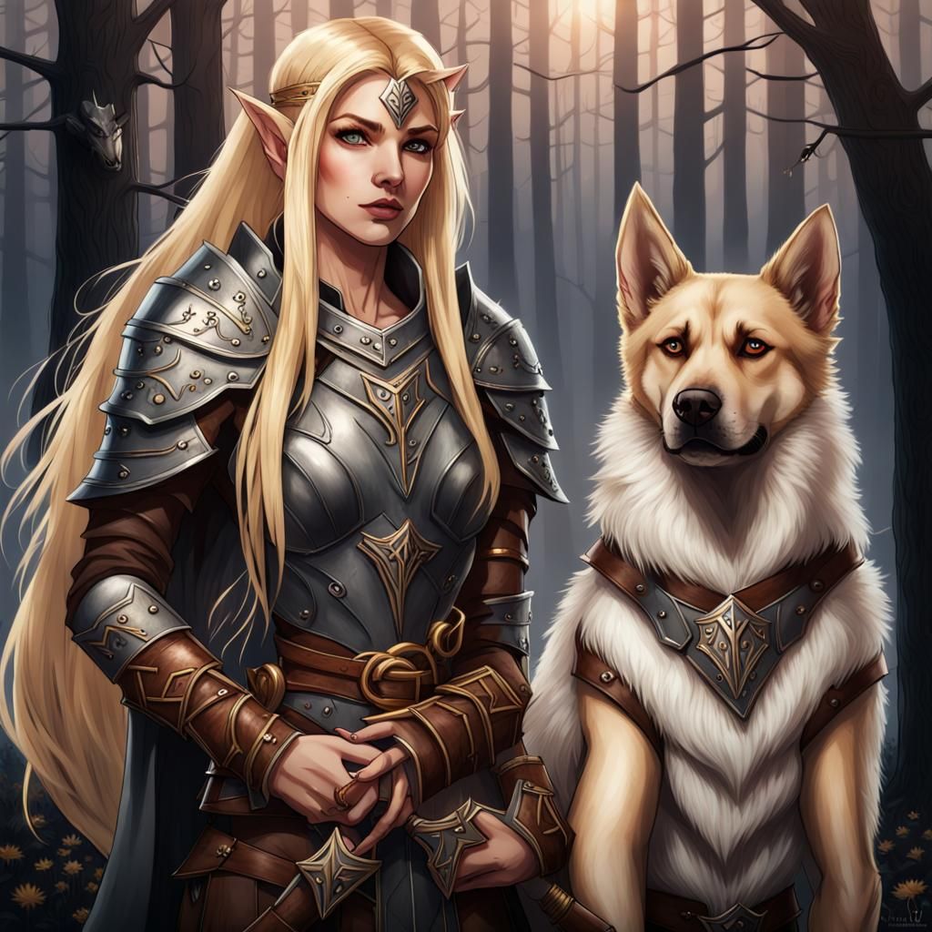 Wood Elf with Elkhound Dog in D&D Style