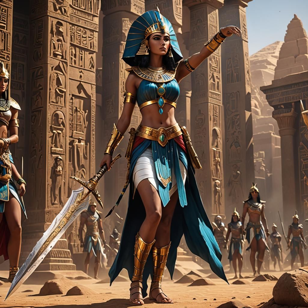 Egyptian Warrior Goddess with Sword, Detailed Matte Painting