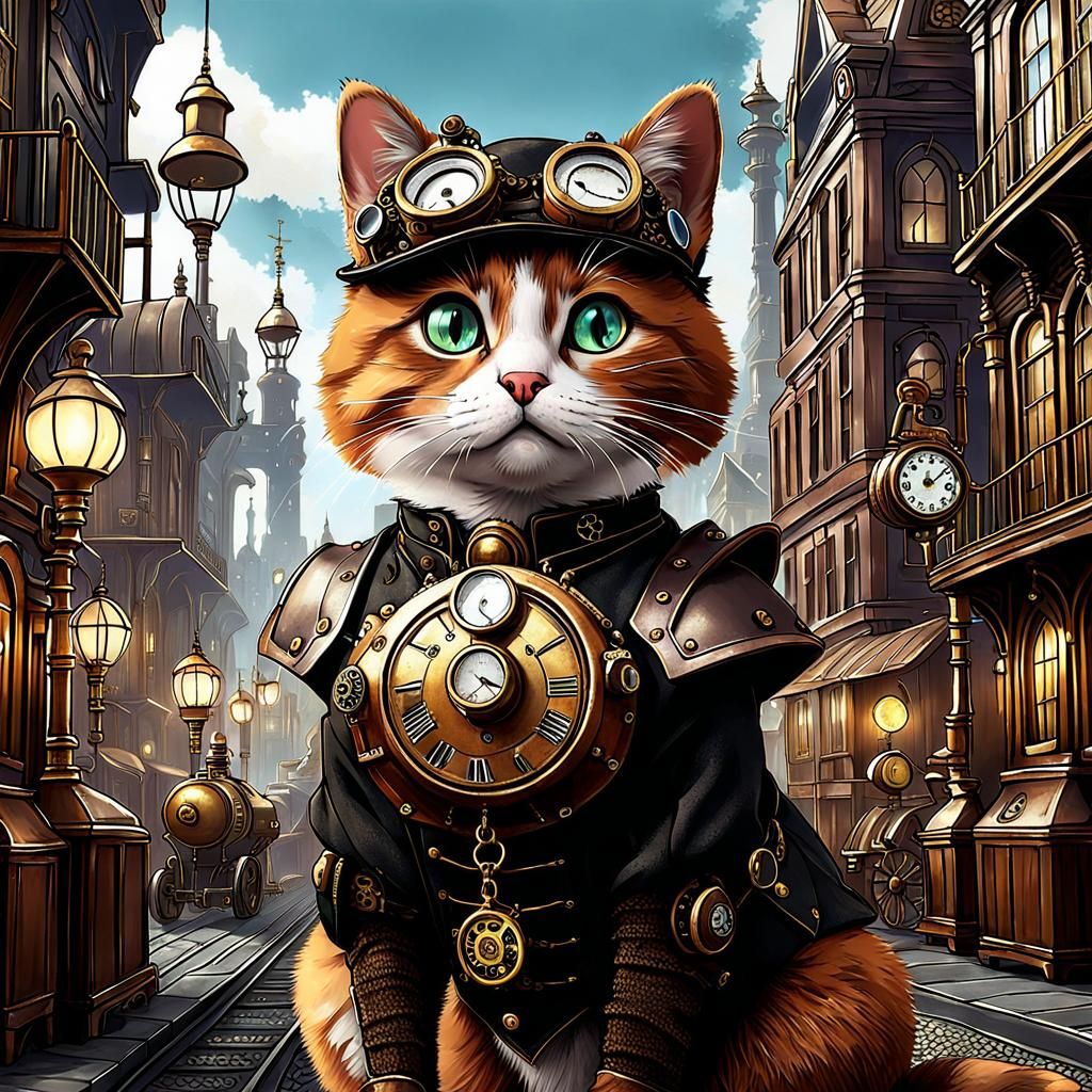 Steampunk Cat in a Steampunk City