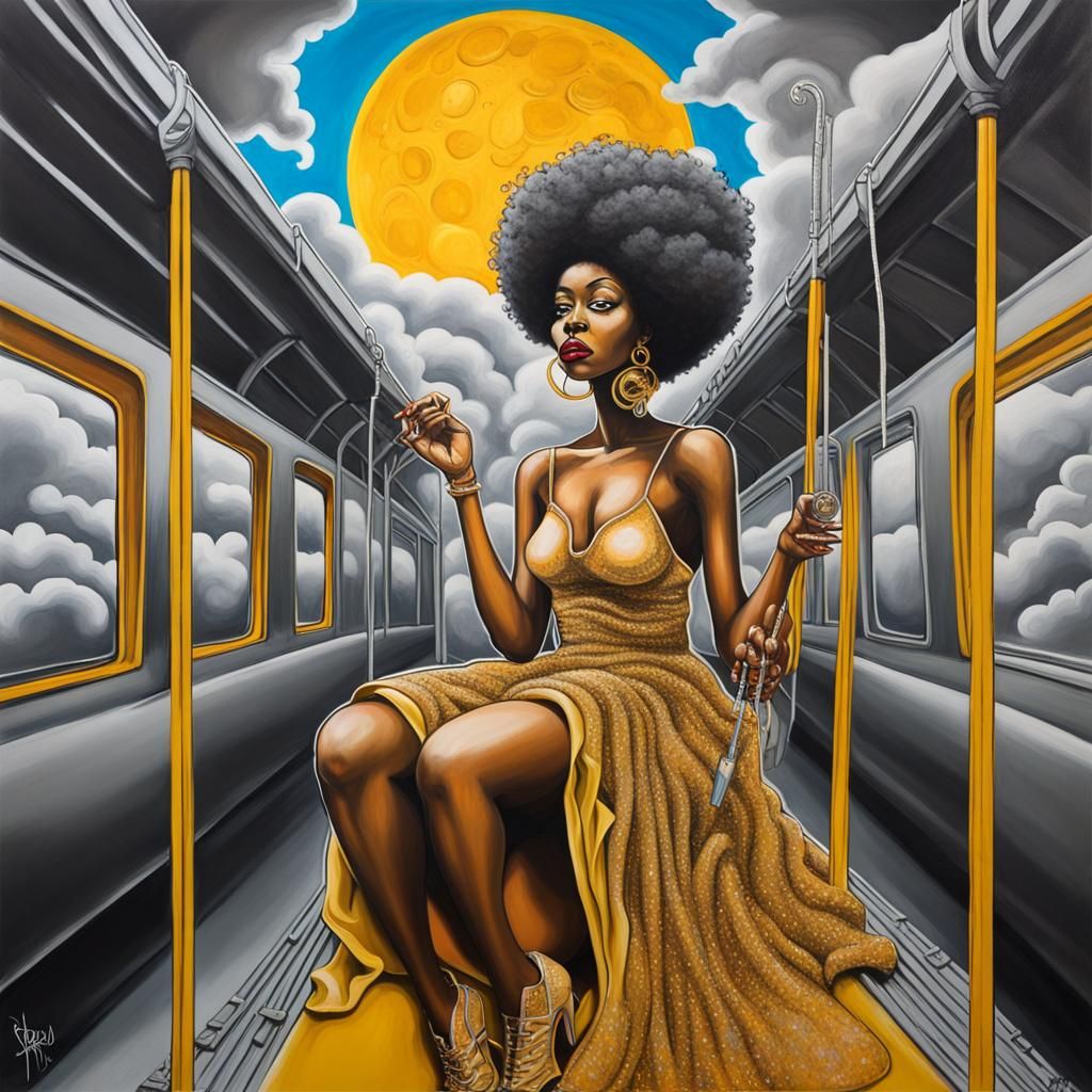 Melanin Woman and Puppet on Golden Train, Graffiti Art