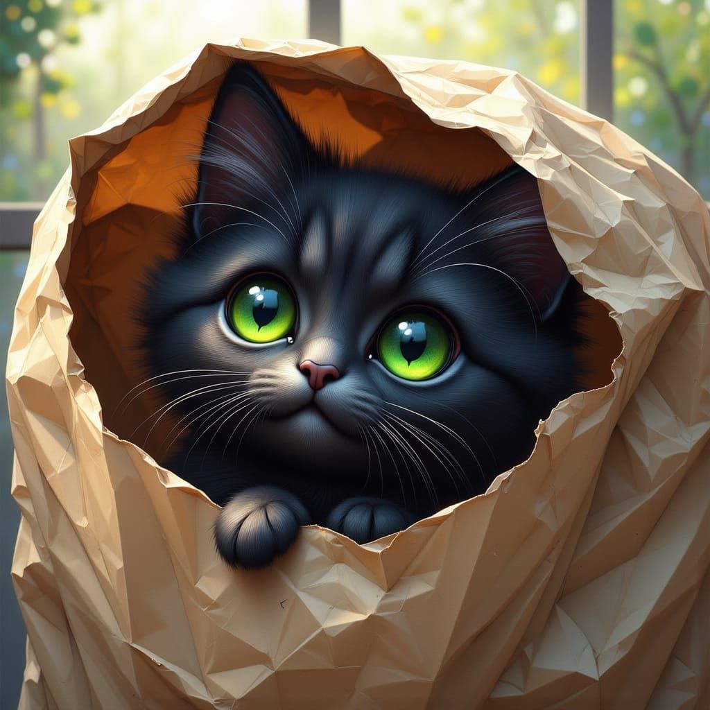 Playful Black Kitten in Anime Style