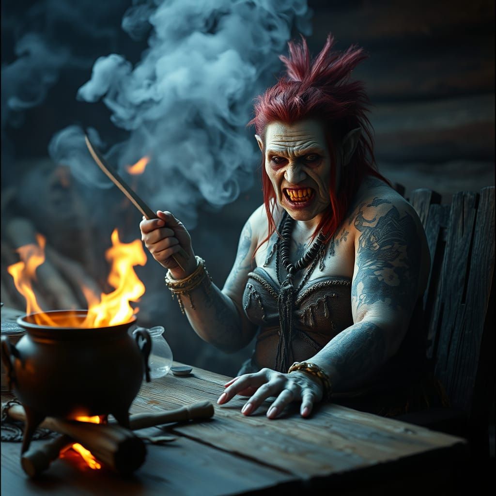 Ethereal Dark Fantasy Ogre Amidst Fiery Cauldron