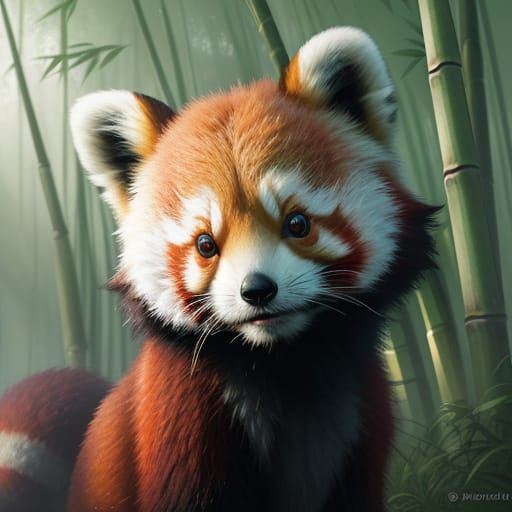 Curious Red Panda in Misty Bamboo Forest
