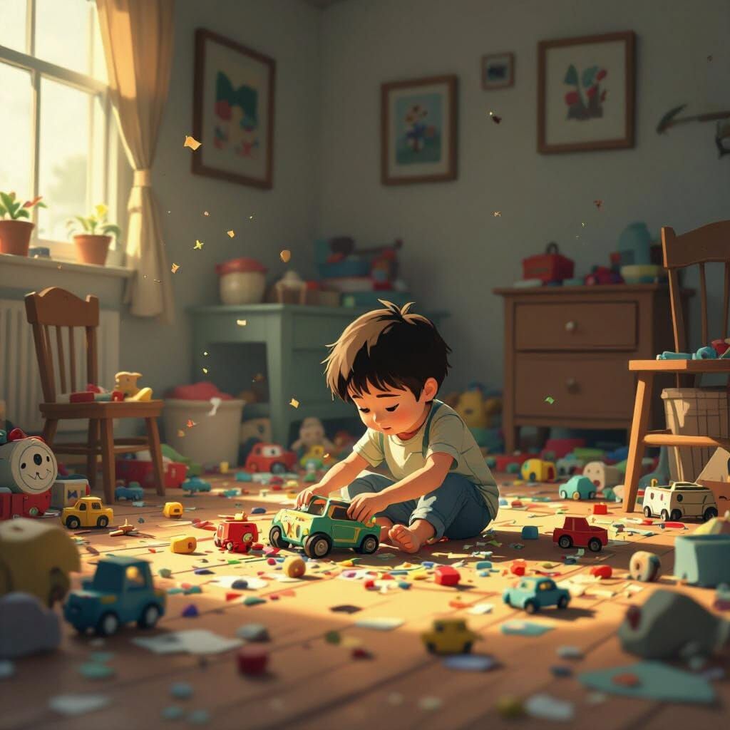 Child's Solitary Play Amidst Neglect in Animated Style