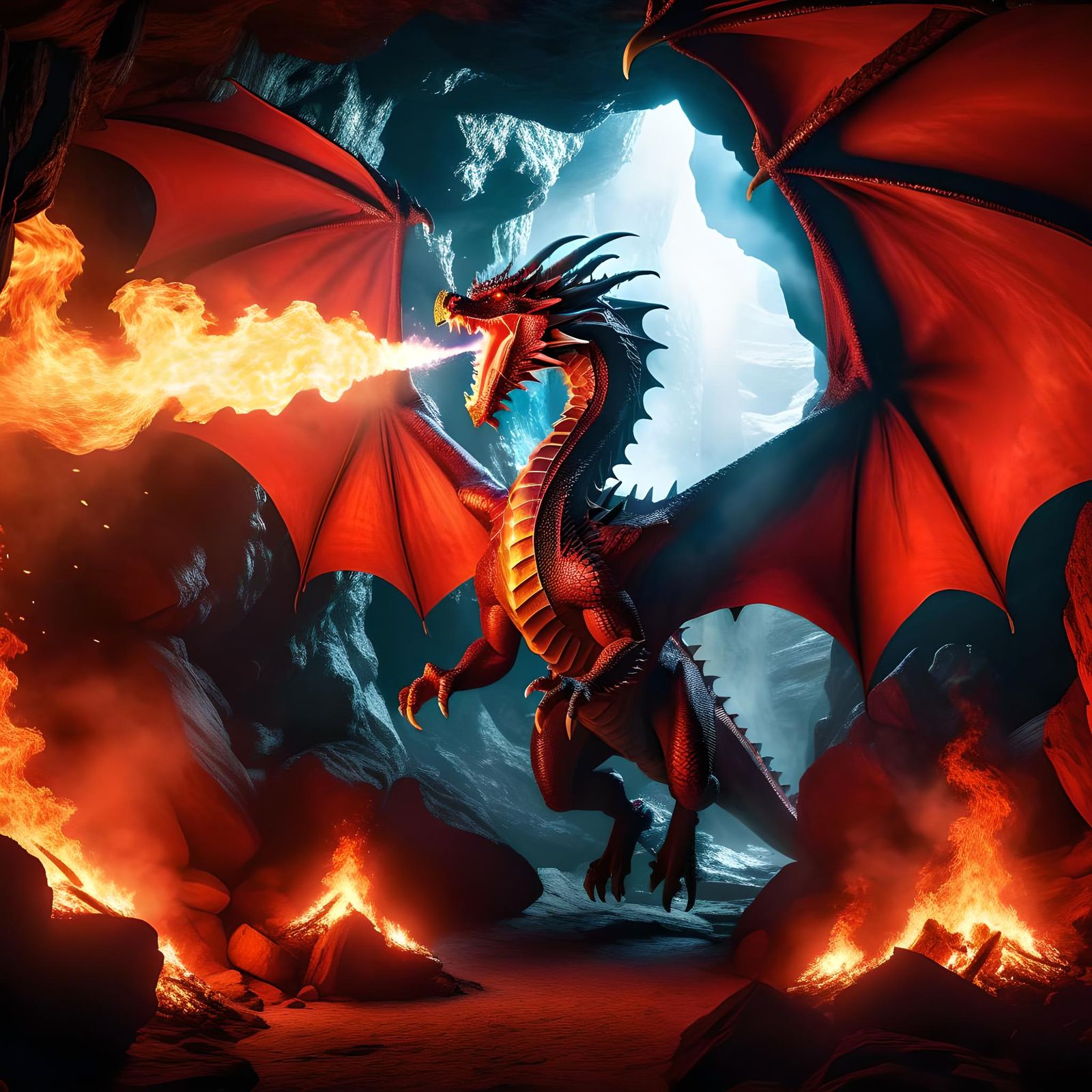 Red Fire-Breathing Dragon in a Cave
