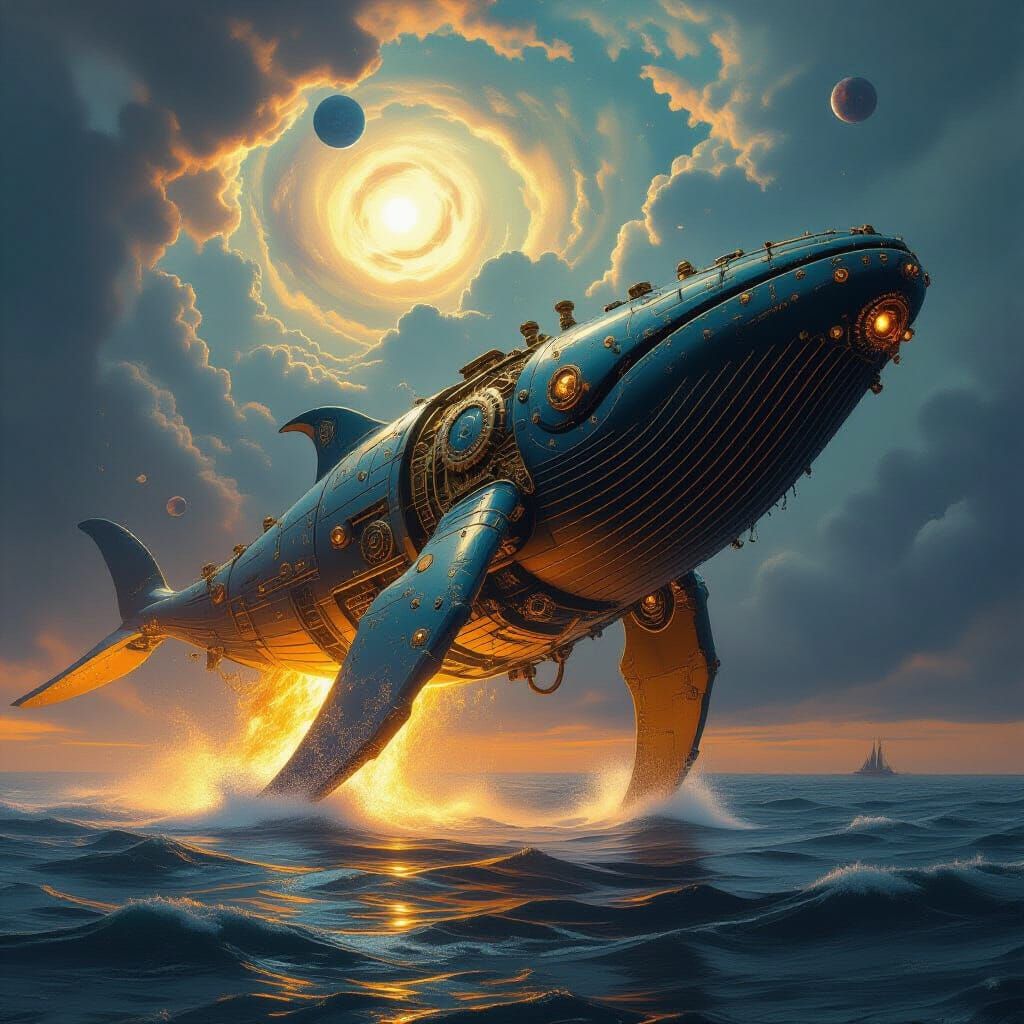 Clockwork Whale in Molten Gold Sea, Cosmic Horror Sky