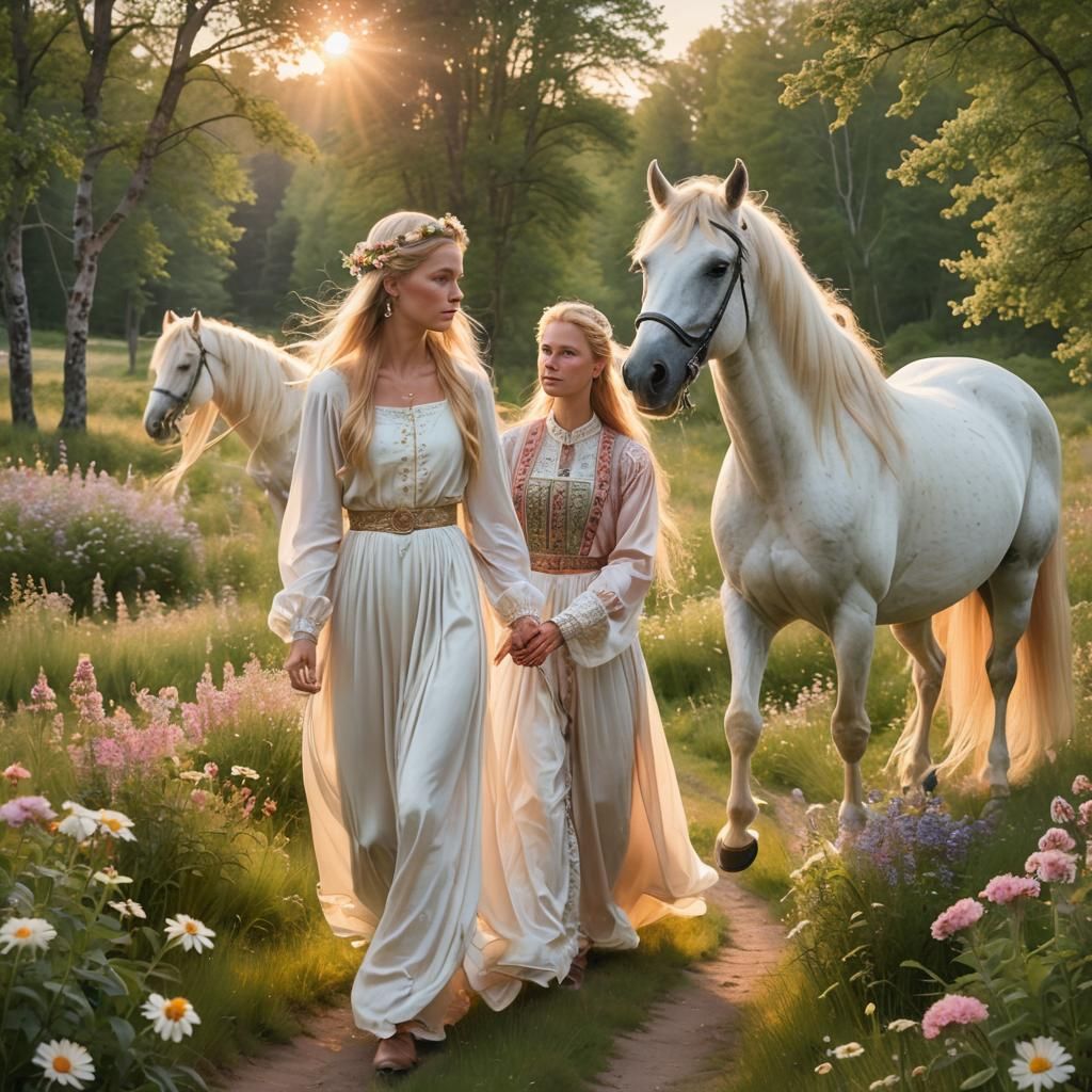 Swedish Woman Leads White Horses in Pastel Landscape