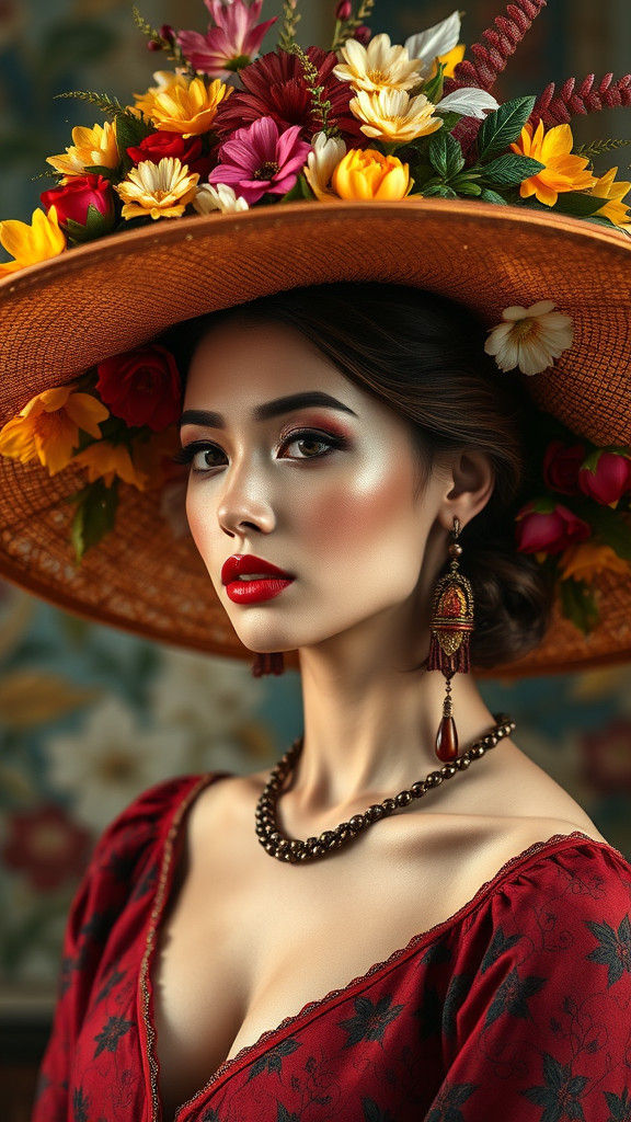 Elegant Woman in Elaborate Floral Hat