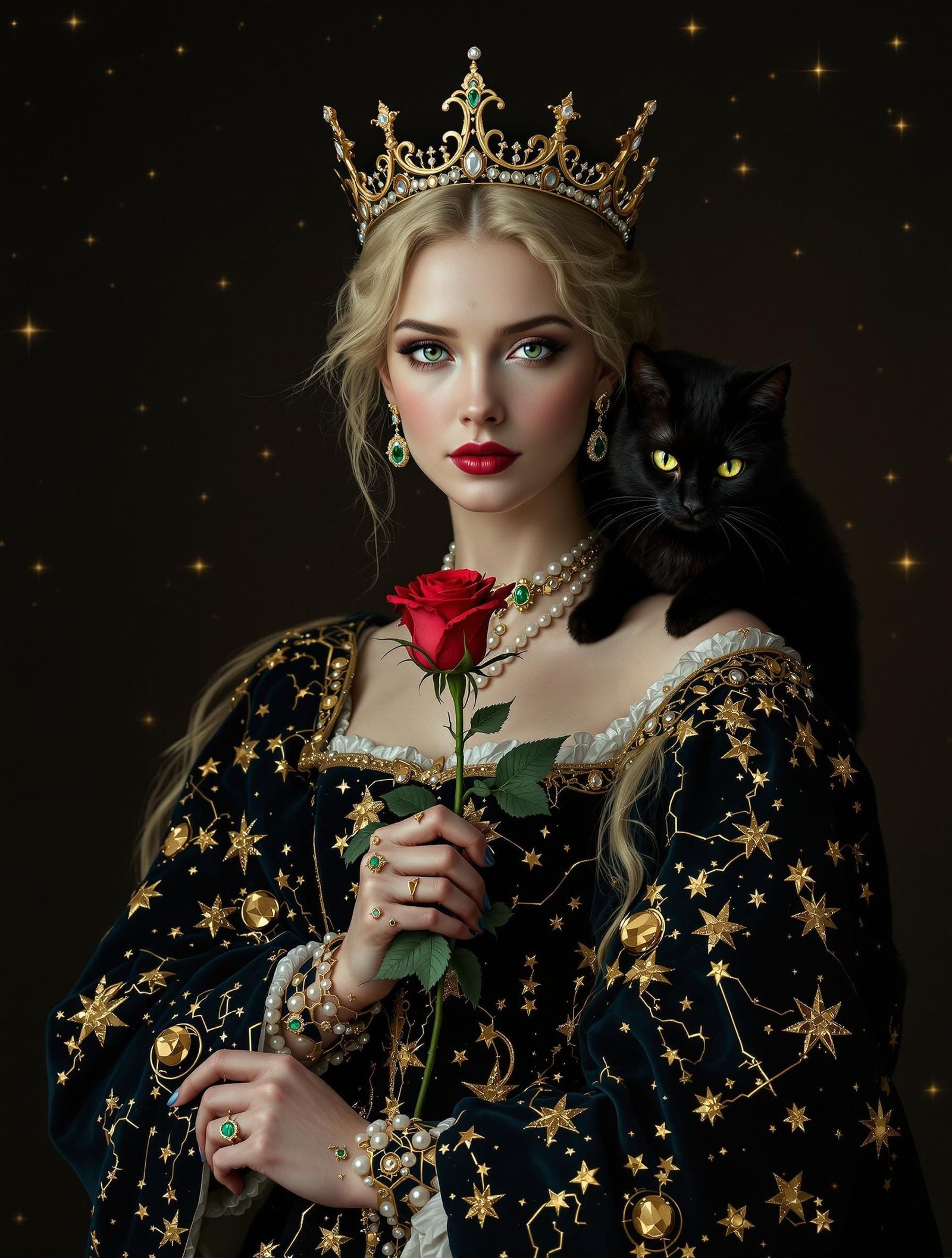 Regal Medieval Queen in Dark Navy Velvet Gown with Constella...