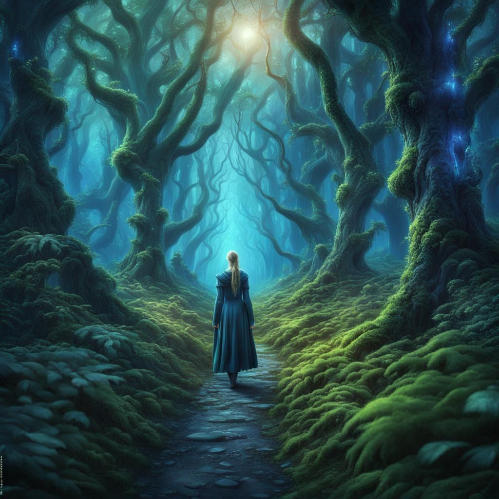 Elven Women Stroll Through Magical Blue Forest