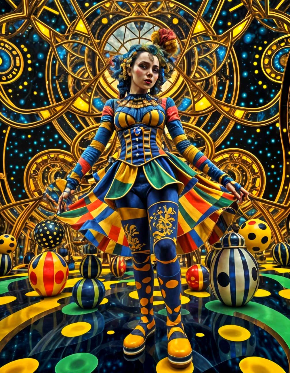 Surreal Cityscape of Golden Angels and Harlequin Clowns in N...