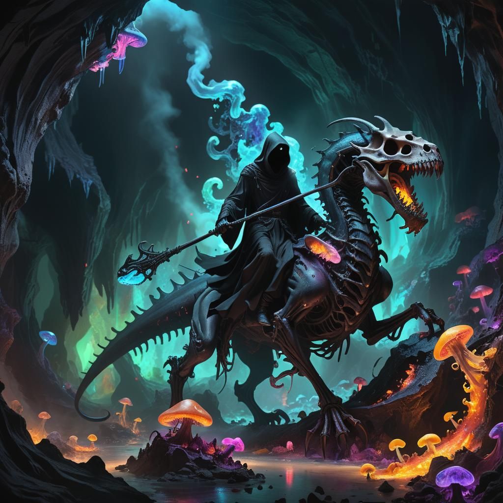 Grim Reaper on Dragon in Bioluminescent Cavern