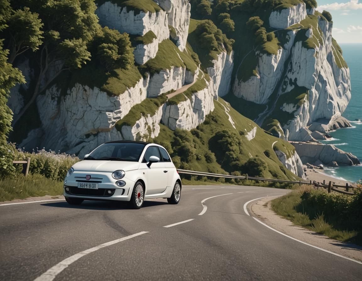 Fiat 500 on Dover Cliffs, Photorealistic Image
