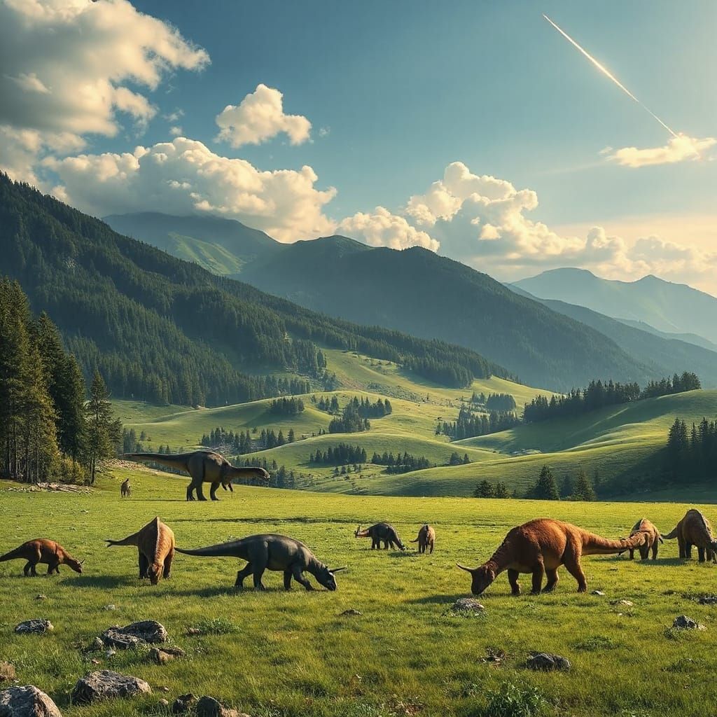 Herbivore Dinosaurs on Plains with Lurking Tyrannosaur