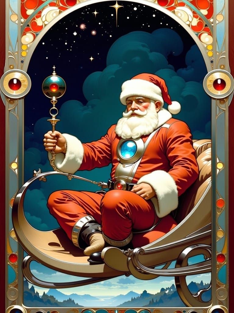 Retro-Futuristic Astronaut Santa Claus in Art Deco Sleigh