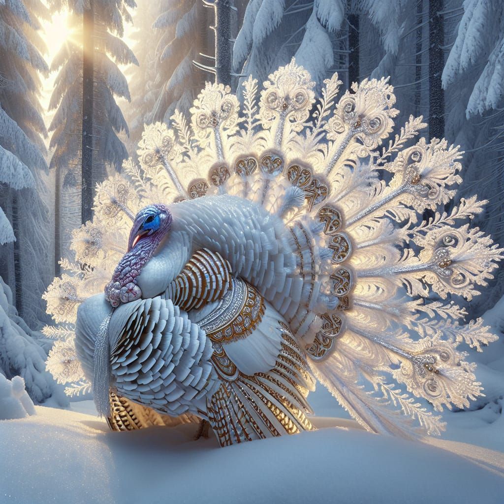 Ornate White Turkey in Winter Forest