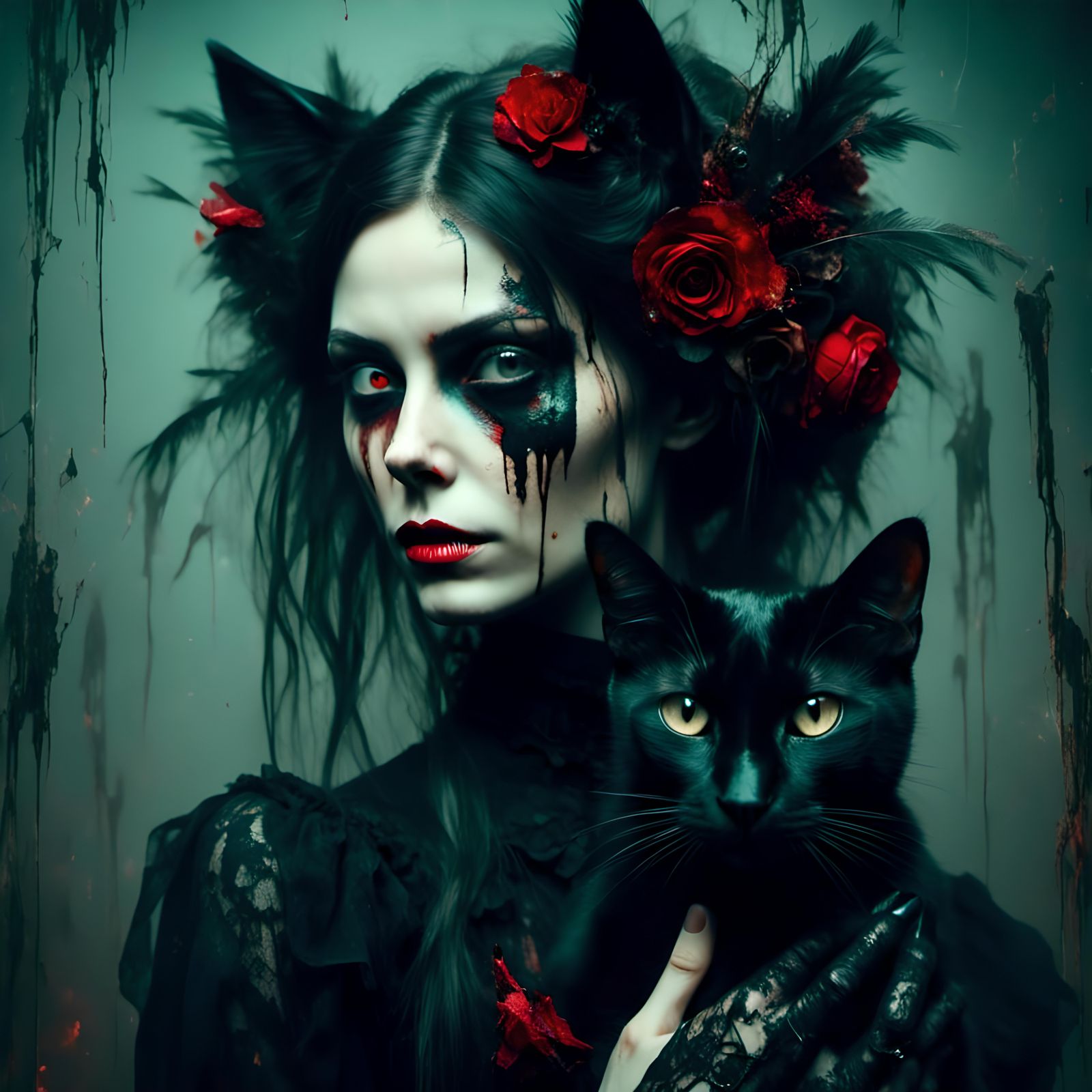 Elegant Woman with Cat in Macabre Style
